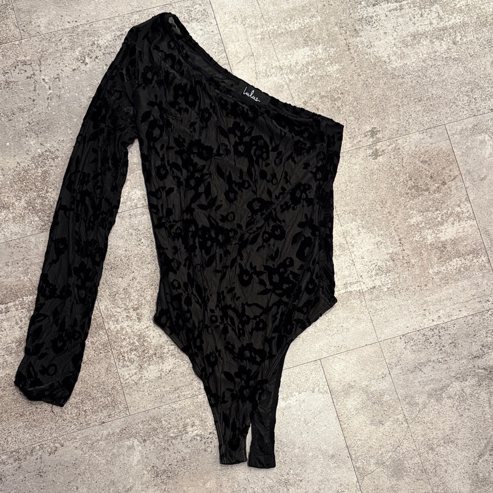 Lulu's sheer Velvet black Bodysuit one shoulder